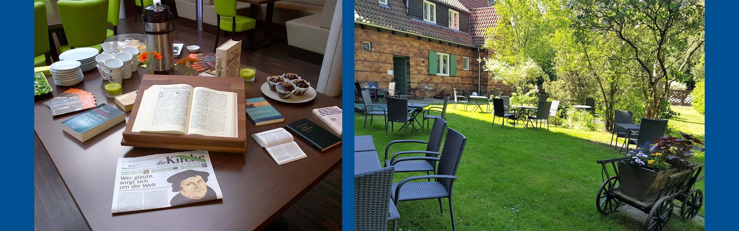 Tisch im Café Apostel und Café-Garten des Johannesgartens