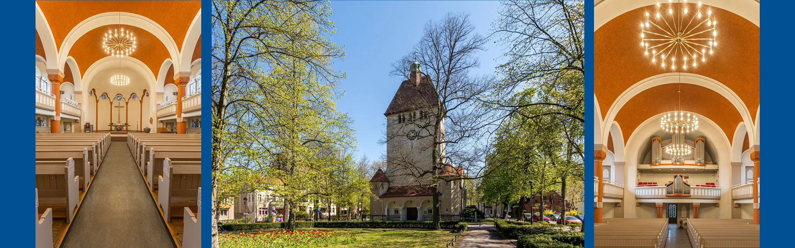 3 Fotos der Dorfkirche Alt-Tegel: Blick auf Altarraum, Außenansicht, Orgelempore
