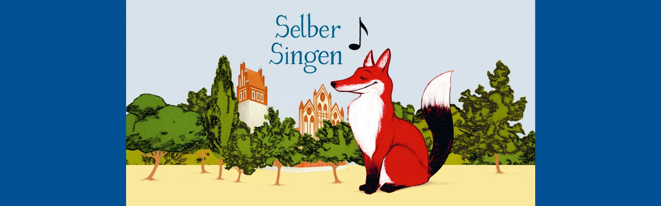 Grafik-Motiv zu 'Selber Singen' mit Fuchs auf Wiese, im Hintergrund eine Kirche