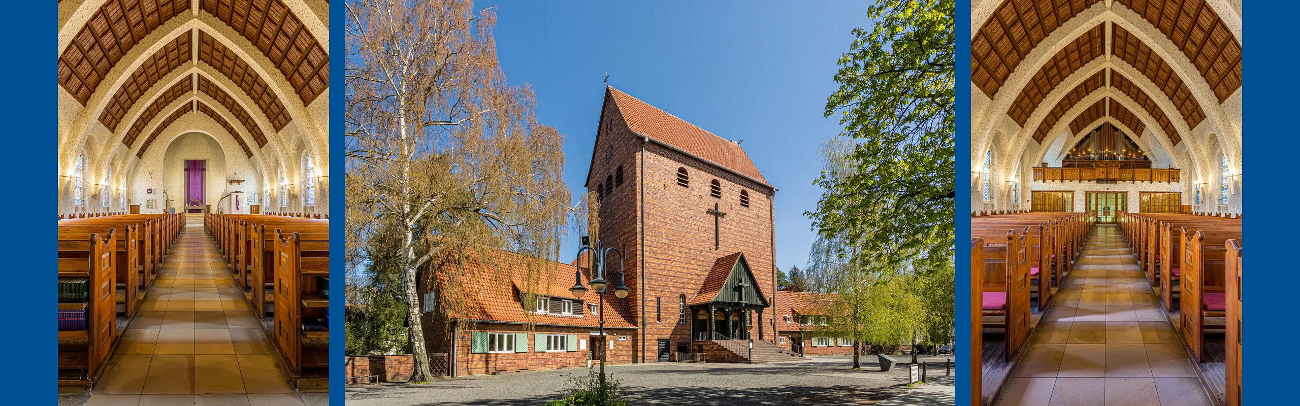 3 Fotos der Johanneskirche: Blick zum Altarraum, Außenansicht, Blick zur Empore